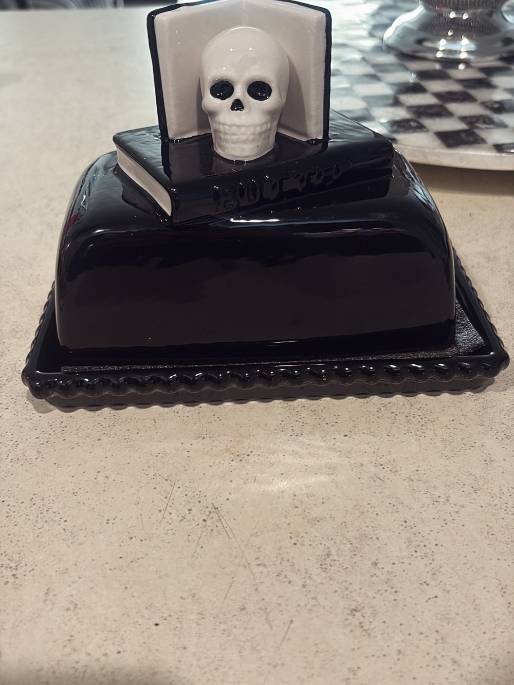Skull Accent Ceramic Butter Dish — Black and White